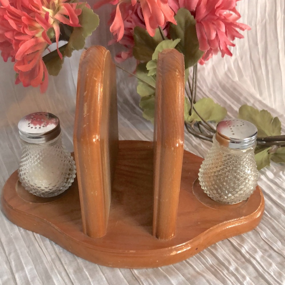 Vintage 1960s Salt & Pepper Shakers Cut Glass Beveled & Pfalzgraff napkin holder